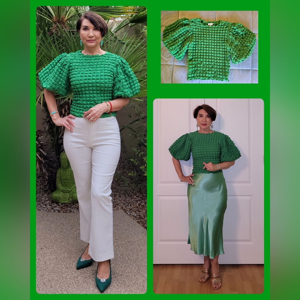 💚EUC Anthropology eri & ali Vibrant Green Textured Puff Sleeve Blouse, Size S